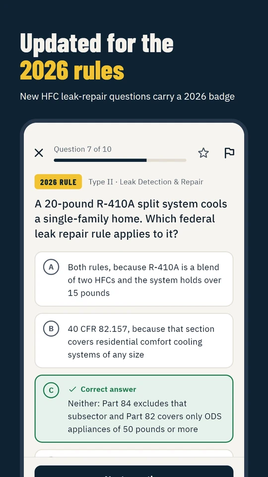Updated for the 2026 rules: new HFC leak-repair questions carry a 2026 badge