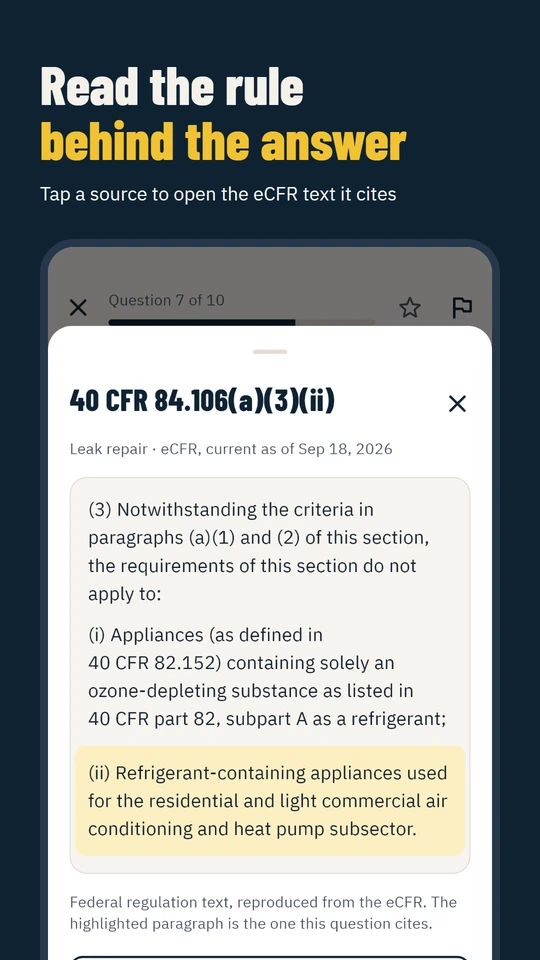 Read the rule behind the answer: tap a source to open the eCFR text it cites