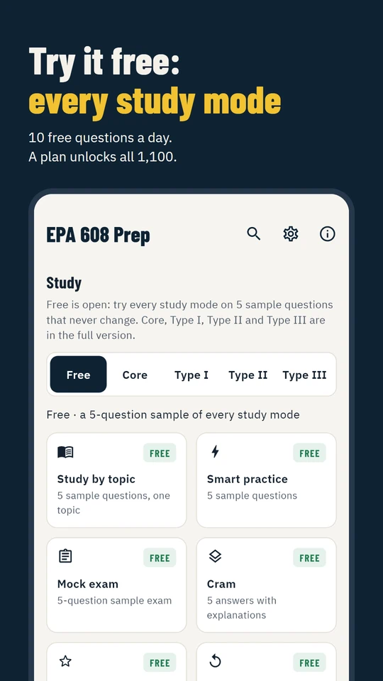 Try it free: every study mode, 10 free questions a day, a plan unlocks all 1,100